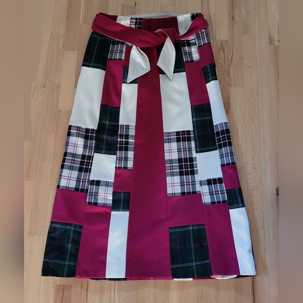 Vintage Colorblock Parchwork Wool Midi Skirt - Burgundy, Black, White